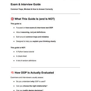 Op de afbeelding: Een wit document getiteld "Python Object-Oriented Programming Exam & Interview Guide". De gids behandelt veelvoorkomende valkuilen, mindset en hoe correct te antwoorden. Het beschrijft wat de gids wel en niet is, en hoe OOP wordt ge&euml;valueerd.