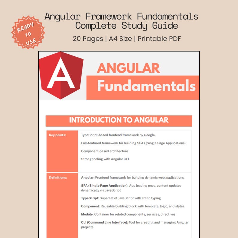 Peut inclure: Guide d'&eacute;tude complet au format PDF imprimable, intitul&eacute; "Angular Framework Fundamentals". La couverture pr&eacute;sente un logo "A" rouge et blanc et les mots "ANGULAR Fundamentals" en orange. Contient des points cl&eacute;s et des d&eacute;finitions.