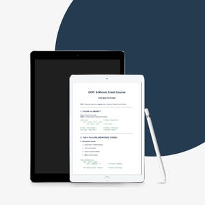 K&ouml;nnte beinhalten: Ein schwarzes Tablet und ein wei&szlig;es Tablet mit einem Stift. Das wei&szlig;e Tablet zeigt Text an: "OOP: 5-Minute Crash Course THE BIG PICTURE". Der Stift ist wei&szlig; mit einer silbernen Spitze. Der Hintergrund ist wei&szlig; und marineblau.