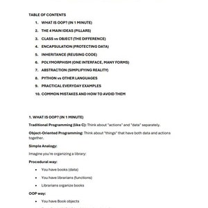 Może przedstawiać: Biały dokument zatytułowany "PYTHON OOP: THE SIMPLE ESSENCE" wyjaśniający programowanie obiektowe w języku Python. Zawiera spis treści, koncepcje i przykłady programowania.