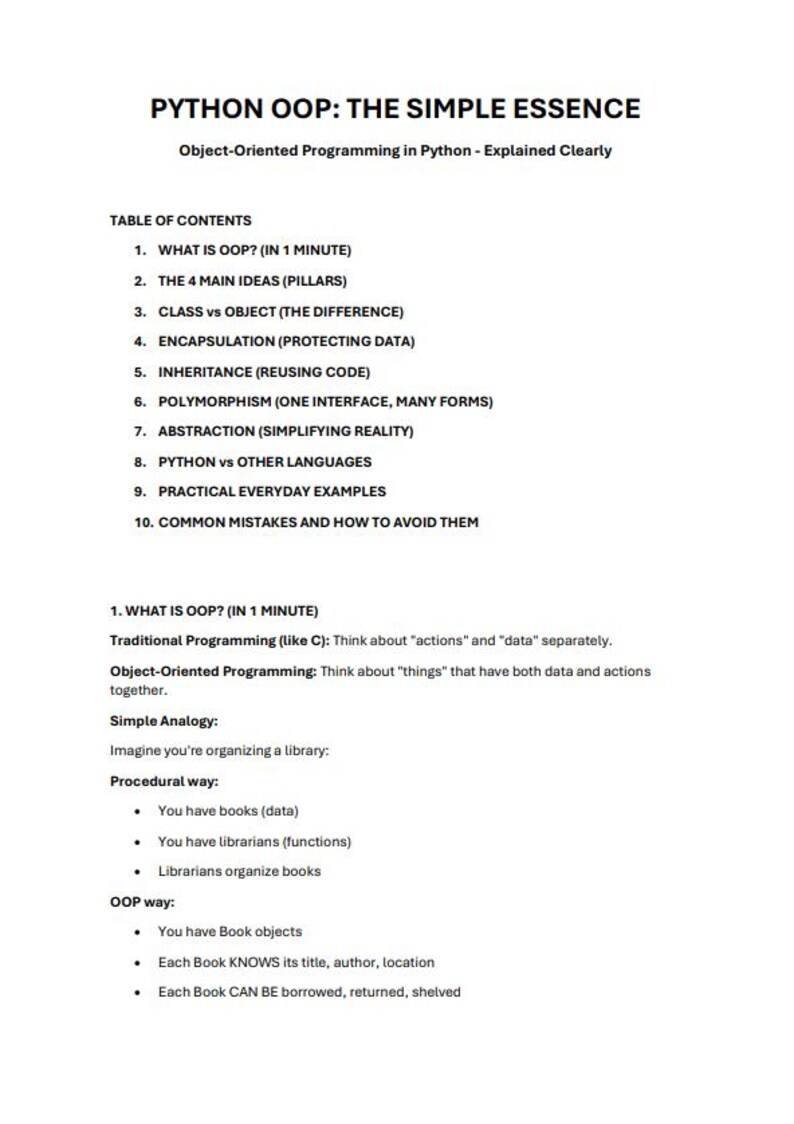 Może przedstawiać: Biały dokument zatytułowany "PYTHON OOP: THE SIMPLE ESSENCE" wyjaśniający programowanie obiektowe w języku Python. Zawiera spis treści, koncepcje i przykłady programowania.