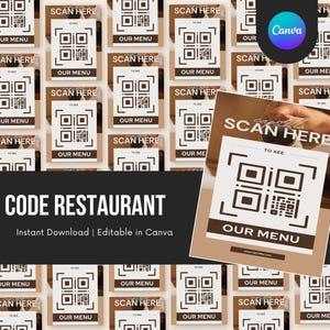 Brown Minimalist QR Code Restaurant Sign, Editable Digital Menu Template, Canva Download for Contactless Dining Table Ordering, Smal busines