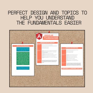Peut inclure: Un tableau en li&egrave;ge pr&eacute;sente trois feuilles blanches avec du texte et des accents rouges, fix&eacute;es par des punaises rouges. Le texte sup&eacute;rieur indique "PERFECT DESIGN AND TOPICS TO HELP YOU UNDERSTAND THE FUNDAMENTALS EASIER." Les feuilles traitent des bases d'Angular.