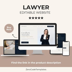 May include: An advertisement for a lawyer's editable website, featuring a computer, laptop, tablet, and smartphone displaying the website's design. The website showcases a professional woman in a blazer. Text includes "LAWYER EDITABLE WEBSITE" and "Find the link in the product description."