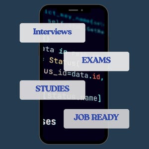 Puede incluir: Un tel&eacute;fono inteligente muestra c&oacute;digo en su pantalla, con etiquetas superpuestas que dicen "Entrevistas", "Ex&aacute;menes", "Estudios" y "Preparado para el trabajo". El fondo es azul oscuro.