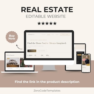 Peut inclure: Image promotionnelle pour un modèle de site web immobilier. Elle présente un ordinateur portable, un ordinateur de bureau, une tablette et un smartphone affichant le site web. Le texte indique "REAL ESTATE EDITABLE WEBSITE" et "Find the Home You've Always Imagined."