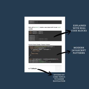May include: A page from a programming guide with code examples and annotations. The text includes "Explained with Real Code Blocks", "Modern Javascript Patterns", and "Divided by Core Topics to Easier Navigation".