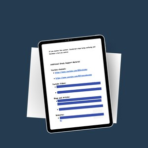 May include: A black tablet showing study resources, including YouTube channels and video links, is placed on a white sheet of paper against a dark blue backdrop. The screen displays the text "Additional Study Support Material."