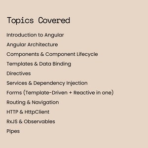 Peut inclure: Graphique beige avec le texte "Topics Covered" en gras, noir. En dessous, une liste de sujets li&eacute;s &agrave; Angular, dont "Introduction to Angular", "Angular Architecture" et "Components & Component Lifecycle".