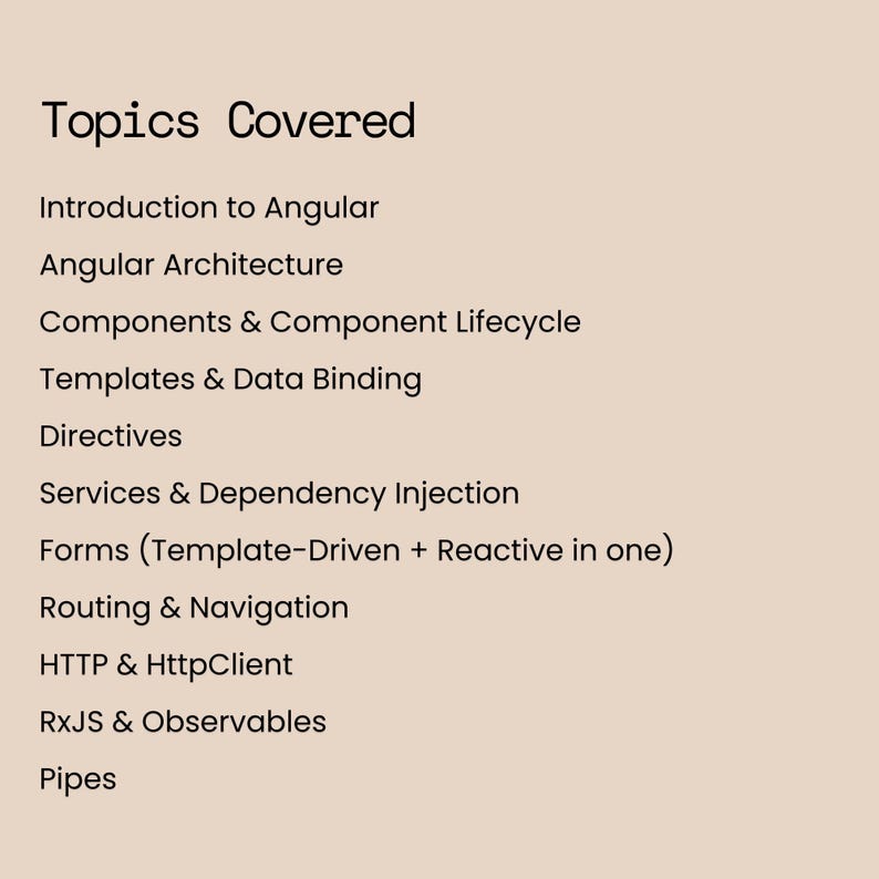 Peut inclure: Graphique beige avec le texte "Topics Covered" en gras, noir. En dessous, une liste de sujets li&eacute;s &agrave; Angular, dont "Introduction to Angular", "Angular Architecture" et "Components & Component Lifecycle".