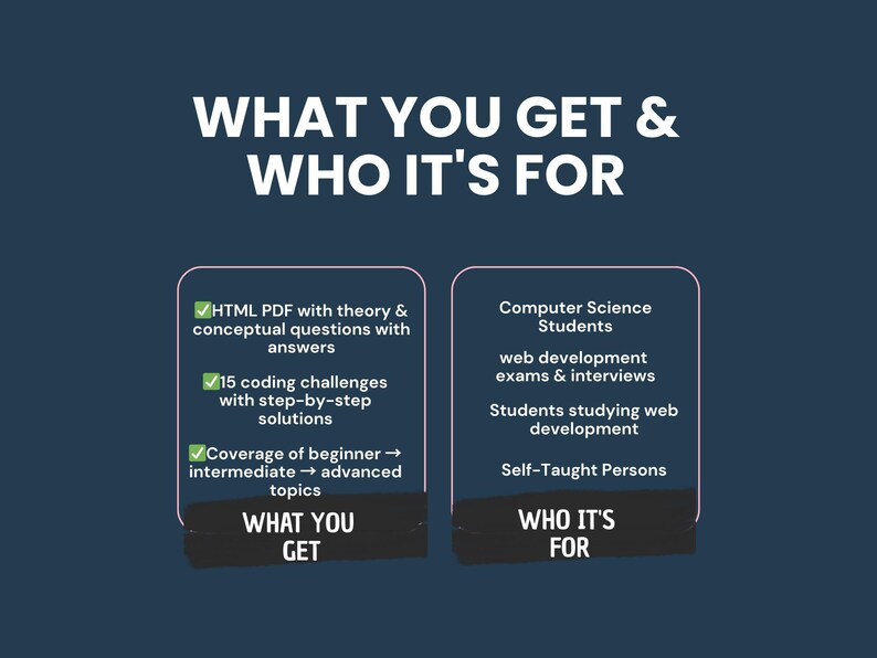 May include: Dark blue graphic with white text: "WHAT YOU GET & WHO IT'S FOR." Two sections detail content: HTML PDF, coding challenges, and beginner to advanced topics. The other section lists: Computer Science Students, web development exams, and self-taught persons.