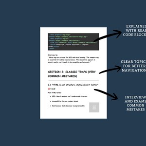 May include: A white document with black text, including code blocks, section titles, and bullet points. Arrows highlight key elements. The document discusses common mistakes and interview tips, with clear topics for navigation.