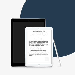 May include: A black tablet and a white tablet with a stylus. The white tablet displays the text "Javascript Fundamentals Guide" and other text. The background is a gradient of white and dark blue.