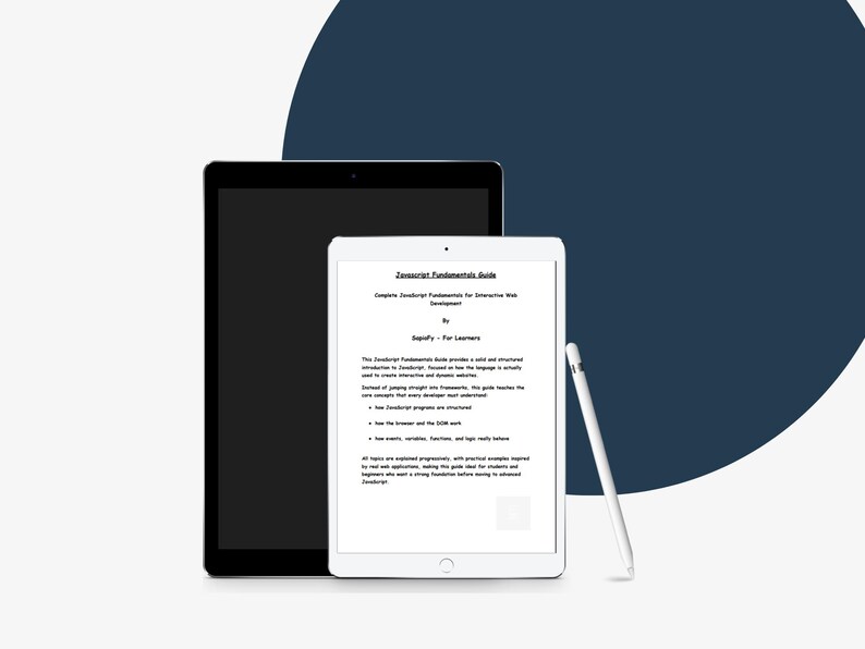 May include: A black tablet and a white tablet with a stylus. The white tablet displays the text "Javascript Fundamentals Guide" and other text. The background is a gradient of white and dark blue.