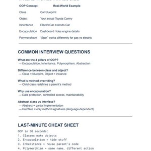 K&ouml;nnte beinhalten: Ein wei&szlig;es Dokument mit schwarzem Text, das OOP-Konzepte, reale Analogien, h&auml;ufige Interviewfragen und eine Last-Minute-Cheat-Sheet detailliert. Das Dokument enth&auml;lt Begriffe wie "Klasse", "Objekt", "Vererbung" und "Kapselung".