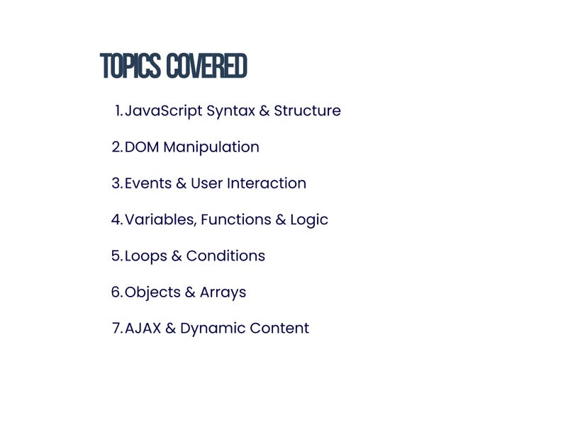 May include: A white background with the heading "TOPICS COVERED" in dark blue. A numbered list outlines JavaScript topics: Syntax, DOM Manipulation, Events, Variables, Loops, Objects, and AJAX.