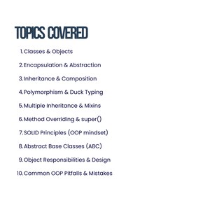 Puede incluir: Fondo blanco con el texto "TOPICS COVERED" en azul oscuro. Debajo, una lista numerada detalla conceptos de programaci&oacute;n, incluyendo Clases & Objetos y Principios SOLID.