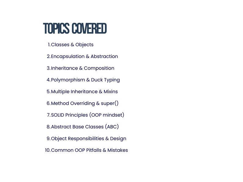 Puede incluir: Fondo blanco con el texto "TOPICS COVERED" en azul oscuro. Debajo, una lista numerada detalla conceptos de programaci&oacute;n, incluyendo Clases & Objetos y Principios SOLID.