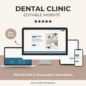 Może przedstawiać: Makieta strony internetowej kliniki dentystycznej wyświetlana na komputerze stacjonarnym, laptopie, tablecie i smartfonie. Strona internetowa ma przejrzysty design z niebieskimi akcentami i tekstem "Your Brightest Smile Starts Here." Obraz zawiera również tekst "DENTAL CLINIC EDITABLE WEBSITE."