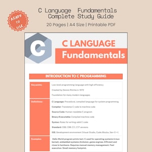 Könnte beinhalten: Ein druckbares PDF-Leitfaden mit dem Titel "C Language Fundamentals". Der Leitfaden zeigt ein orange-weißes Design mit dem Text "C LANGUAGE Fundamentals" sowie wichtige Punkte, Definitionen und Beispiele der C-Programmierung.