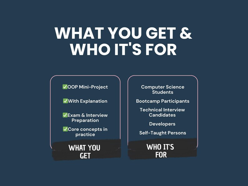 May include: Dark blue graphic with white text: "WHAT YOU GET & WHO IT'S FOR." Lists "OOP Mini-Project," "With Explanation," "Exam & Interview Preparation," and "Core concepts in practice." Also lists "Computer Science Students," "Bootcamp Participants," and "Developers."