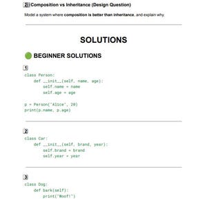 Puede incluir: Una p&aacute;gina blanca con texto, incluyendo el t&iacute;tulo "SOLUTIONS" y fragmentos de c&oacute;digo para las clases Person, Car y Dog. El texto incluye la pregunta "Composition vs Inheritance (Design Question)".