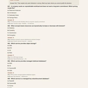 K&ouml;nnte beinhalten: Eine Seite mit dem Titel 10 / SECTION - CLF-C02 Practice Questions, die lehrreiche Texte und Multiple-Choice-Fragen zu AWS-Cloud-Diensten enth&auml;lt. Das Dokument umfasst nummerierte Fragen von 001 bis 006 mit Antworten und Erkl&auml;rungen unter jedem Punkt.