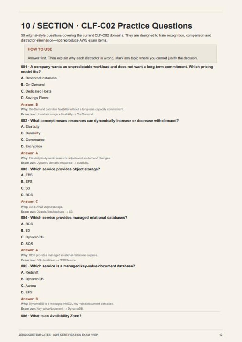 K&ouml;nnte beinhalten: Eine Seite mit dem Titel 10 / SECTION - CLF-C02 Practice Questions, die lehrreiche Texte und Multiple-Choice-Fragen zu AWS-Cloud-Diensten enth&auml;lt. Das Dokument umfasst nummerierte Fragen von 001 bis 006 mit Antworten und Erkl&auml;rungen unter jedem Punkt.