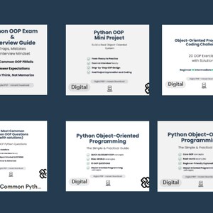 Puede incluir: Un conjunto de gu&iacute;as digitales sobre un fondo azul oscuro. Las gu&iacute;as cubren la preparaci&oacute;n del examen Python OOP, miniproyectos, desaf&iacute;os de codificaci&oacute;n y preguntas comunes. Cada gu&iacute;a tiene un fondo blanco con texto azul oscuro.