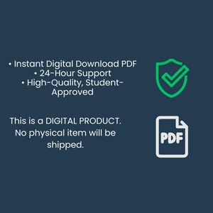 Pu&ograve; includere: Grafica blu scuro con testo bianco: "Download digitale istantaneo PDF, supporto 24 ore su 24, alta qualit&agrave;, approvato dagli studenti". Include un'icona di spunta verde e un'icona PDF. Il testo recita: "Questo &egrave; un PRODOTTO DIGITALE. Nessun articolo fisico verr&agrave; spedito."