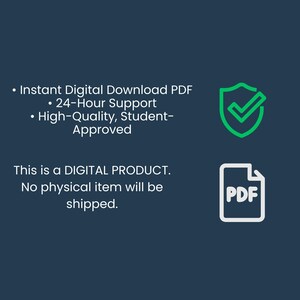 May include: Information about a digital download product on a dark blue background. Text states "Instant Digital Download PDF", "24-Hour Support", and "High-Quality, Student-Approved". A green checkmark and a PDF icon are displayed.