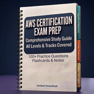 K&ouml;nnte beinhalten: Ein spiralgebundener Studienf&uuml;hrer mit dem Titel AWS Certification Exam Prep, mit einem dunkelblauen Mittelfeld mit wei&szlig;em Text, drei farbigen Seitenreitern mit der Beschriftung Exam Strategy, Core Domains und Practice Q&A sowie dem Text Instant Download.
