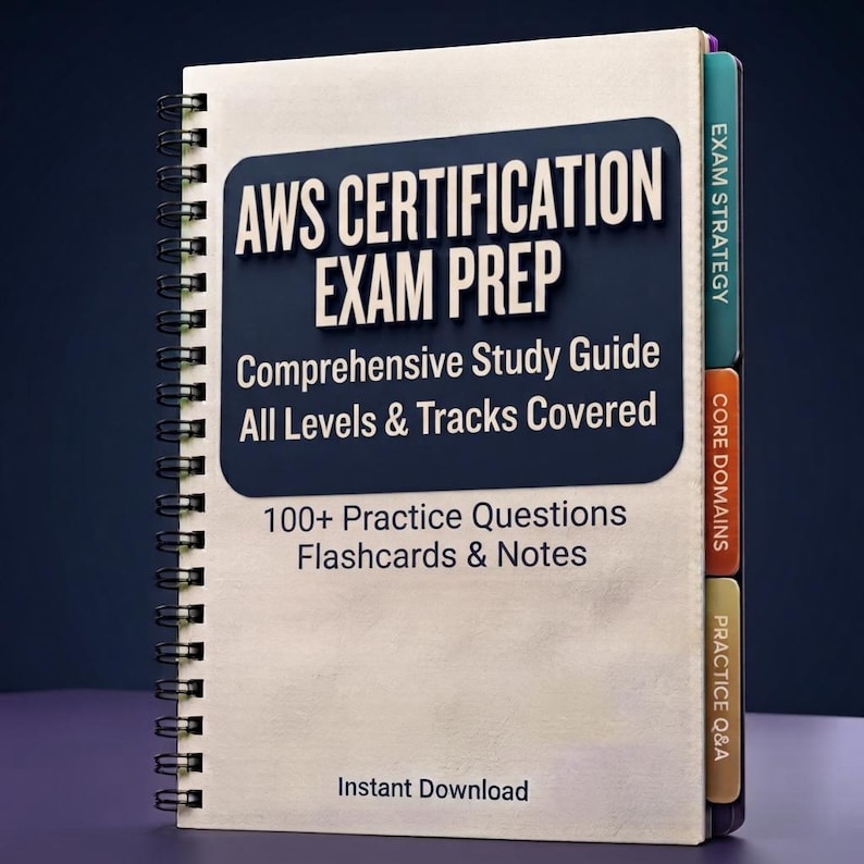 K&ouml;nnte beinhalten: Ein spiralgebundener Studienf&uuml;hrer mit dem Titel AWS Certification Exam Prep, mit einem dunkelblauen Mittelfeld mit wei&szlig;em Text, drei farbigen Seitenreitern mit der Beschriftung Exam Strategy, Core Domains und Practice Q&A sowie dem Text Instant Download.