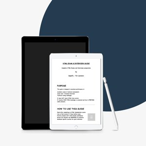 May include: A black tablet and a white tablet with a stylus. The white tablet displays the text "HTML Exam & Interview Guide" and other text. The background is white and navy blue.