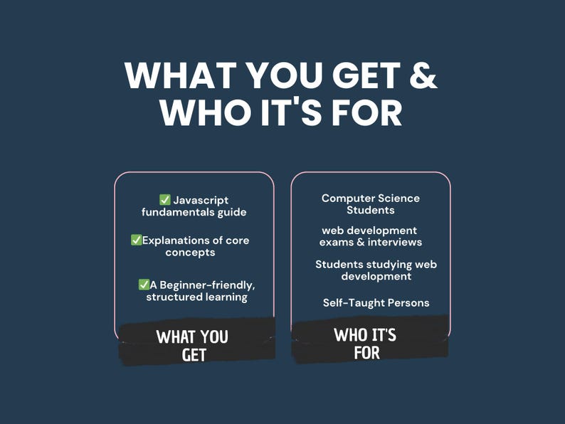 May include: A navy blue graphic with white text that reads "WHAT YOU GET & WHO IT'S FOR." The image lists a Javascript fundamentals guide, core concept explanations, and beginner-friendly learning. It's for computer science students, web development students, and self-taught persons.