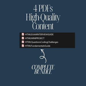May include: A dark blue graphic with white text that reads "4 PDFs High-Quality Content." Below, a list of four PDF titles is displayed, followed by an arrow pointing to the words "COMPLETE BUNDLE."