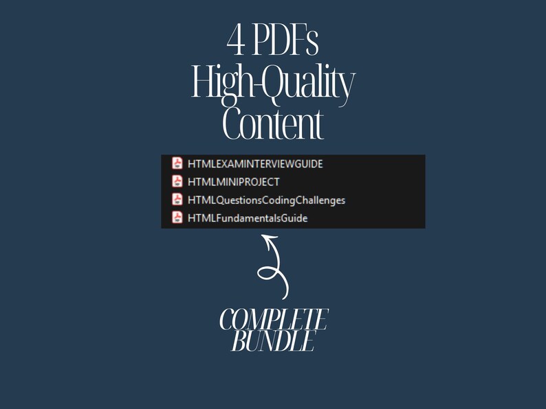 May include: A dark blue graphic with white text that reads "4 PDFs High-Quality Content." Below, a list of four PDF titles is displayed, followed by an arrow pointing to the words "COMPLETE BUNDLE."
