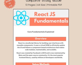React JS Fundamentals Study Guide PDF, aide-mémoire React, notes du développeur frontend, préparation aux entretiens React, guide de révision rapide, Comp Sci IT