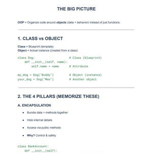 K&ouml;nnte beinhalten: Ein wei&szlig;es Dokument mit dem Titel "OOP: 5-Minuten-Crashkurs", das Konzepte der objektorientierten Programmierung erkl&auml;rt. Enth&auml;lt Abschnitte &uuml;ber Klassen, Objekte und die vier S&auml;ulen der OOP: Kapselung, Vererbung, Polymorphie und Abstraktion.