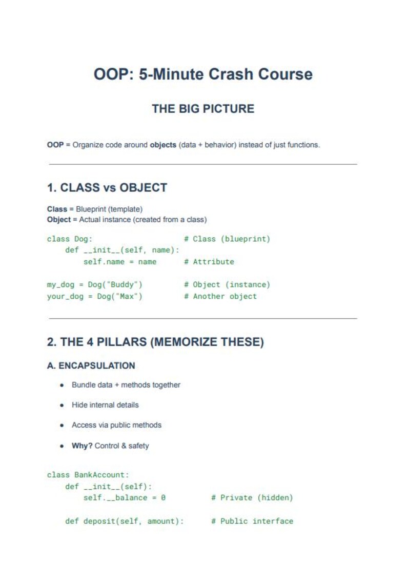 K&ouml;nnte beinhalten: Ein wei&szlig;es Dokument mit dem Titel "OOP: 5-Minuten-Crashkurs", das Konzepte der objektorientierten Programmierung erkl&auml;rt. Enth&auml;lt Abschnitte &uuml;ber Klassen, Objekte und die vier S&auml;ulen der OOP: Kapselung, Vererbung, Polymorphie und Abstraktion.