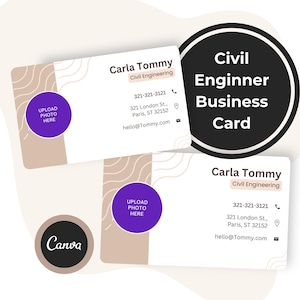 May include: Two rectangular business cards featuring a white background with beige wavy line accents and a purple circle for a photo. The text reads Carla Tommy, Civil Engineering, 321-321-3121, 321 London St., Paris, ST 32152, and hello@Tommy.com.