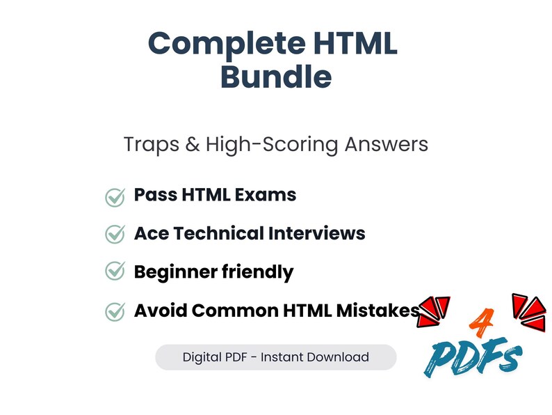 Complete HTML Bundle, Pass HTML Exams, Ace Technical Interviews, Beginner Friendly Explanations, Avoid Common HTML Mistakes, Digital PDF,