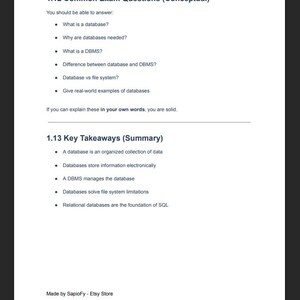 May include: A white document with black text detailing exam questions and key takeaways about databases. The document includes a list of questions and bullet points summarizing database concepts. The Etsy store name "SapioFy" is at the bottom.