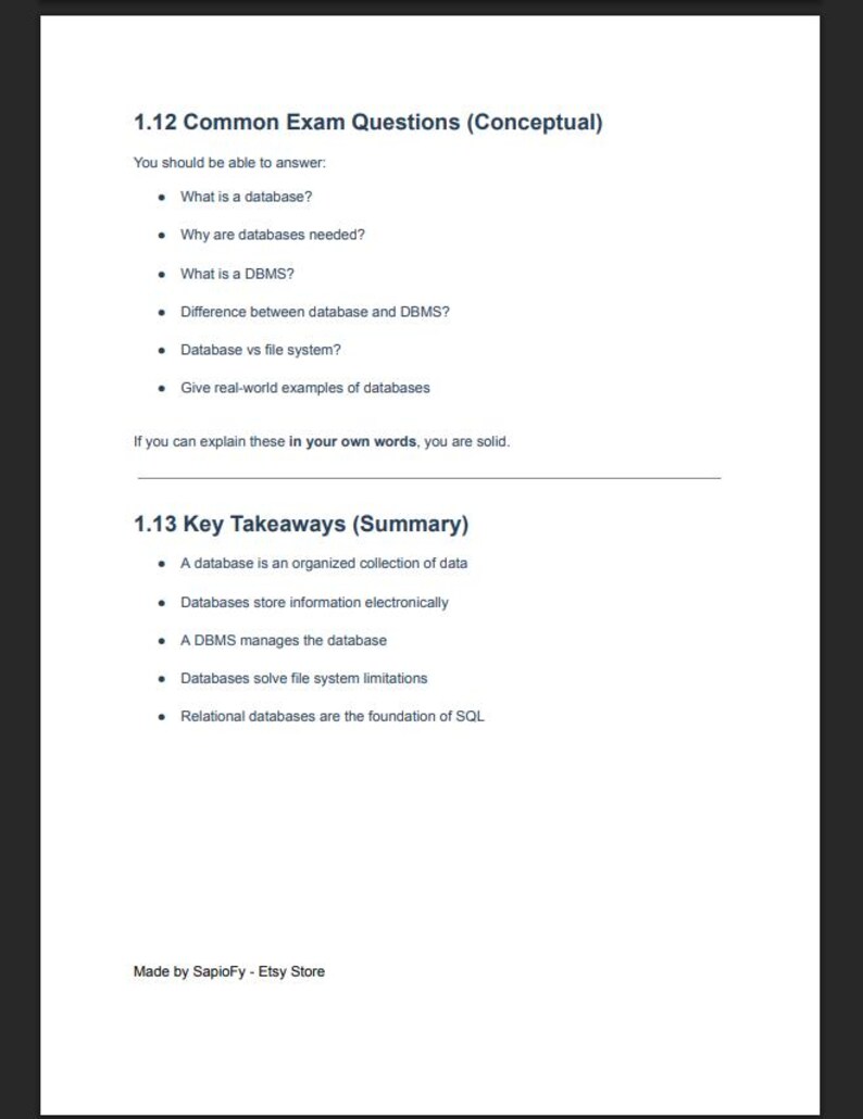 May include: A white document with black text detailing exam questions and key takeaways about databases. The document includes a list of questions and bullet points summarizing database concepts. The Etsy store name "SapioFy" is at the bottom.