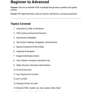 May include: A digital PDF document titled "HTML Questions & Coding Challenges - Beginner to Advanced." The document lists topics covered, including HTML basics, syntax, metadata, text content, hyperlinks, images, and tables. It is designed for self-learners.