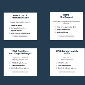 May include: Four white square graphics with text on a dark blue background. The graphics advertise HTML guides, including an exam guide, a mini project guide, a questions and coding challenges guide, and a fundamentals guide.