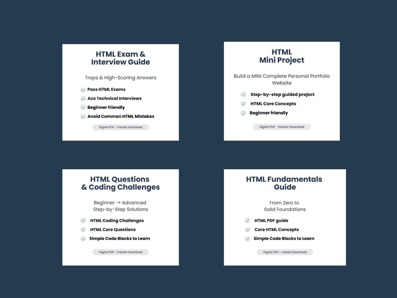 May include: Four white square graphics with text on a dark blue background. The graphics advertise HTML guides, including an exam guide, a mini project guide, a questions and coding challenges guide, and a fundamentals guide.
