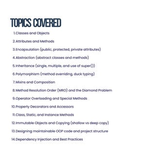 Pu&ograve; includere: Sfondo bianco con la scritta "TOPICS COVERED" in blu scuro. Sotto, un elenco numerato che dettaglia argomenti tra cui Classi e Oggetti, Attributi e Metodi e Ereditariet&agrave;.