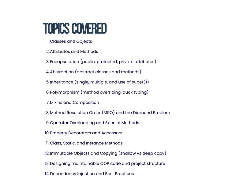 Pu&ograve; includere: Sfondo bianco con la scritta "TOPICS COVERED" in blu scuro. Sotto, un elenco numerato che dettaglia argomenti tra cui Classi e Oggetti, Attributi e Metodi e Ereditariet&agrave;.