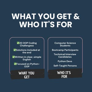 Puede incluir: Gr&aacute;fico azul oscuro con texto blanco: "QU&Eacute; OBTIENES Y PARA QUI&Eacute;N". Enumera "20 desaf&iacute;os de codificaci&oacute;n POO", soluciones, ingl&eacute;s claro y enfoque en Python. Enumera "Estudiantes de inform&aacute;tica", "Participantes de Bootcamp" y "Desarrolladores de Python".